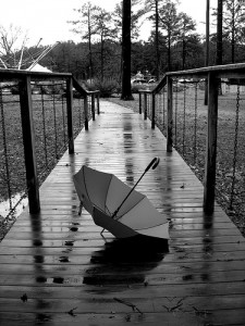Un parapluie sur un chemin de bois
